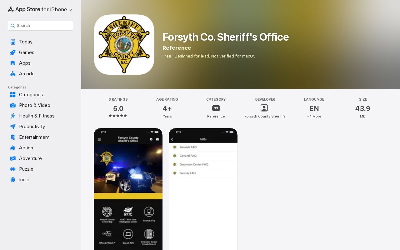 Forsyth County sheriff app listing without a verified 24-hour release feature