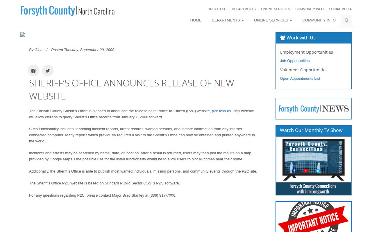 Forsyth County P2C source for a 72-hour jail release records check