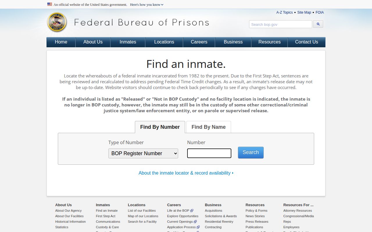 Federal release-record search fields for a Forsyth County custody transfer