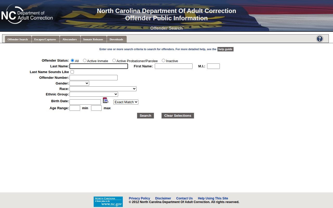 Forsyth County release-record search with the NCDAC inactive-record option